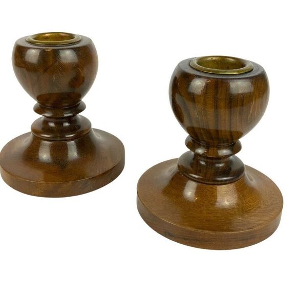 Myrtlewood Candle Holders Pair Grants Pass Oregon Hand-Turned Brass Inserts Vtg - Picture 4 of 6